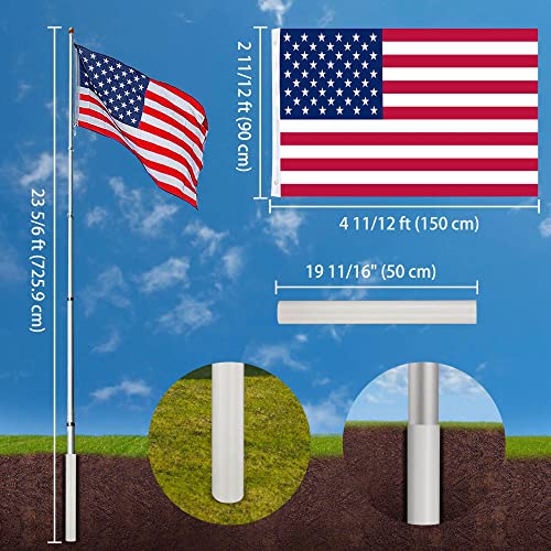 Yescom Upgraded 25 ft Telescopic Heavy Duty Aluminum Flag Pole Kit Fly 2 Flags 3'x5' US Flag & Ball Top Flagpole for Commercial Residential Outdoor