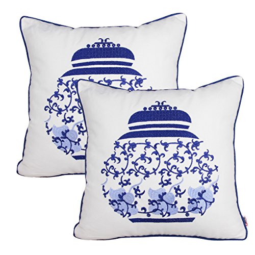 Queenie® – 2 pcs tradicional chino azul y blanco porcelana Serie 100% algodón bordado decorativo almohada cojín manta funda de almohada 18 x 18 (45 x 45 cm