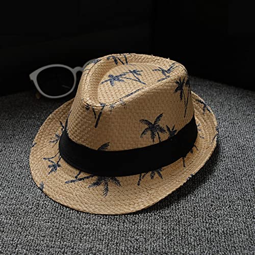 Kids Summer Straw Hat Parent Child Beach Wind Travel Tree Printing Paper Straw Jazz Hat Seaside Sun Hats(Khaki,One Size)3