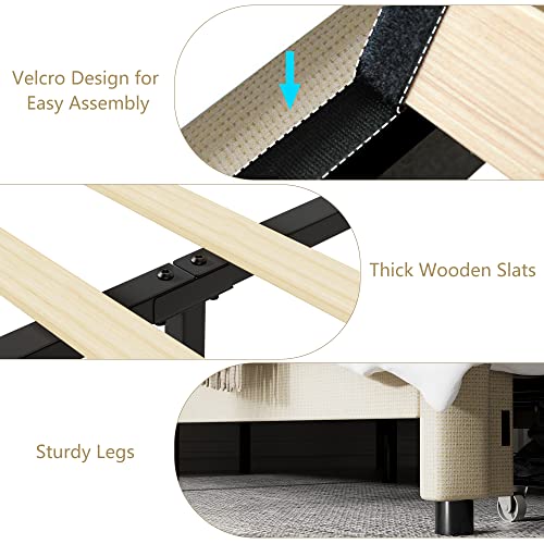 Full Bed Frame With 2 Storage Drawers, Fabric Upholstered Platform Bed Frame With Deep-Set Pattern Button Tufted Headboard, Sturdy Wood Slats Support Mattress Foundation, No Box Spring Needed, Beige #TOP4