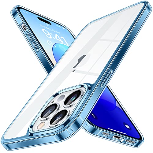 Simtect Ultra Clear Designed For Iphone 14 Pro Case [Non-Yellowing] [Strongly 10 Ft Military Drop Protection] Slim Fit Yet Protective Shockproof Bumper With Airbag Case 6.1 Inch- Light Blue Edge #TOP27