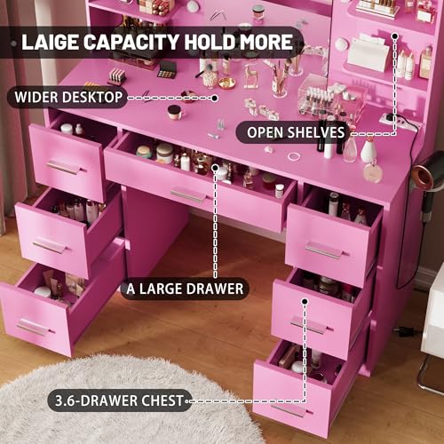 Image of Furmax Vanity Desk with Mirror, LED Lights and Power Outlet Makeup Vanity Table with 7 Drawers and 6 Storage Shelves Dressing Table for Bedroom Dressing Room (Pink)