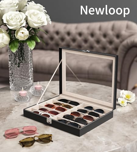 NEWLOOP Sunglass Organizer for Women Men - Multiple Pair of Sunglasses Storage Box Eye Glass Watch Leather Display Case with 10 Slots Black