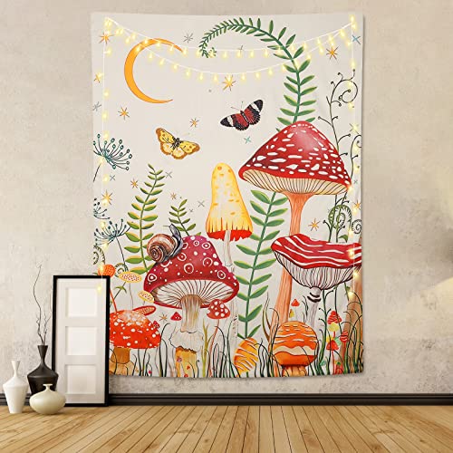 Dremisland Champignon Tapisserie Lune et Étoiles Tapisserie Murale Papillon Tapisserie Verticale Esthétique Tarot Tapisserie Tenture Murale pour Chambre Salon Décor (L/148x200cm, Beige) Cover