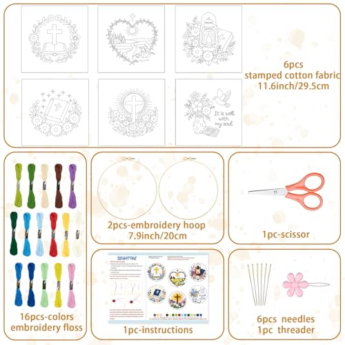 Image of BEUNITONE 6PCS Bible Cross Pattern Embroidery Starter Kit, Hand Embroidery Kits for Adults Beginners Include Hoop Needles Threads and Instruction, Funny Needlepoint Craft Kits for Gifts and Home Decor