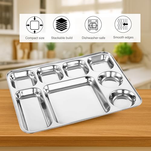 Image of Expresso 8 in 1 Rectangle Eight Compartment Divided Plate /Thali /Bhojan Thali /Mess Tray /Dinner Plate | Plates for Lunch /Dinner with Mirror Finish Stainless Steel Bhojan Plates Set of 5
