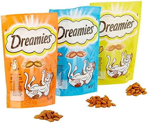 Dreamies Cat Treats Variety Pack, snacks with chicken, salmon and cheese, 12 pouches of 60 g & Cat Treats, tasty snacks with delicious salmon, 1 x 350g tub