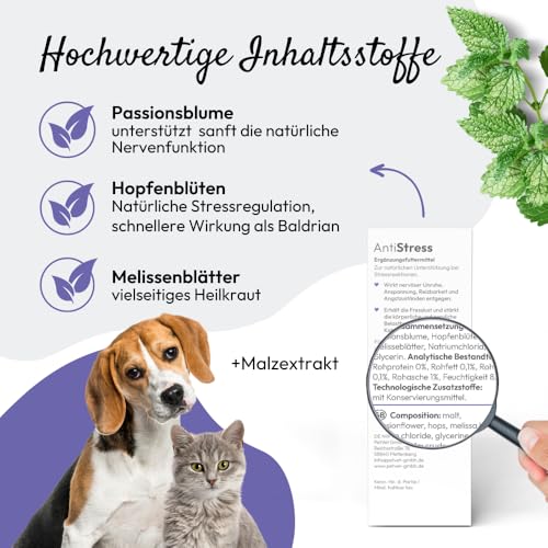 PHA Antistress Tropfen, Natürliches Beruhigungsmittel für Hunde & Katzen, für Silvester, Autofahrten, Tierarzt & Alleinsein, zur Beruhigung, Entspannungs- & Anti-Stress-Mittel für Hunde & Katzen