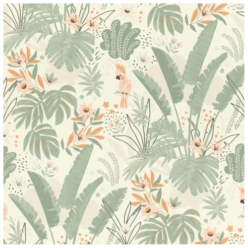 Image of YöL Tropical Botanical Parrot Vinyl Wallpaper with Sage Green Palm Leaves and Soft Peach Floral Detail on Light Neutral Background for Living Room Bedroom or Feature Wall Decor