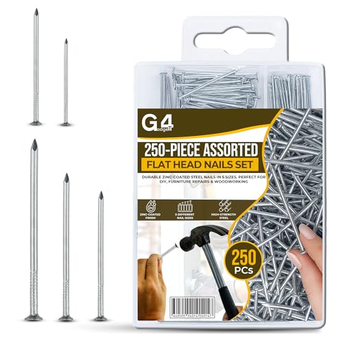 G4GADGET 250-Piece Assorted Flat Head Nails – Premium Zinc Coated, 5 Distinct Sizes for Home Repairs, DIY Projects, Woodworking & Crafts – Includes Organized Storage Box