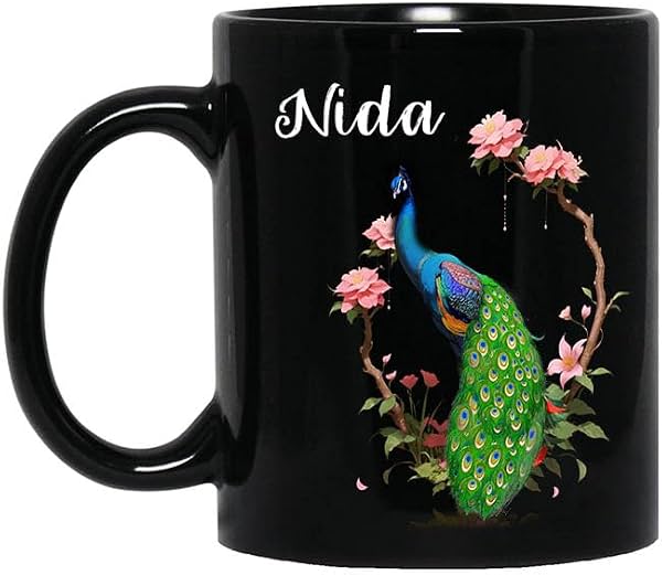 Taza de café de pavo real personalizada con nombre Nida, taza negra de 11oz, regalos de pavo real para mujer, taza de ave pavo real, regalos para amantes de pavos reales, regalo de pavo real 502627