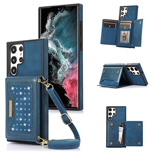 Protection RFID Samsung S22 Ultra étui portefeuille cuir bleu avec support béquille