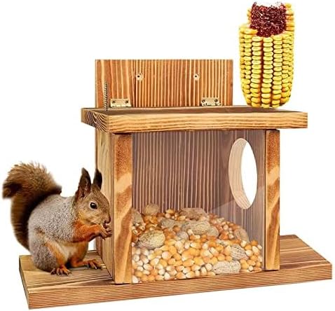 Wooden Squirrel Feeder Window Bird Feeder, Squirrel Food Feeder House with Corn Cob Holders and Lift-Up Lid – Stable Safe Outdoor Feeding for Dry Food