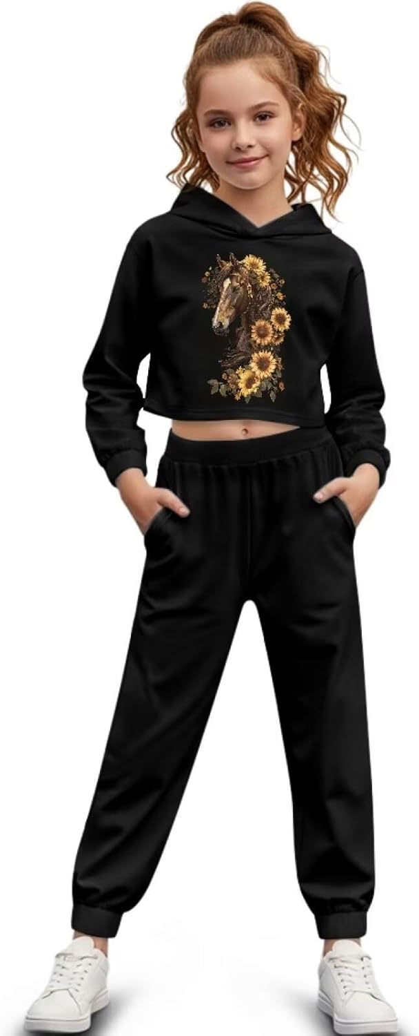 Girls Crop Athletic Hoodies, Long Sleeve Pull Over Crop Hoodie with Pocketed Tracksuit (4-13 Years)
