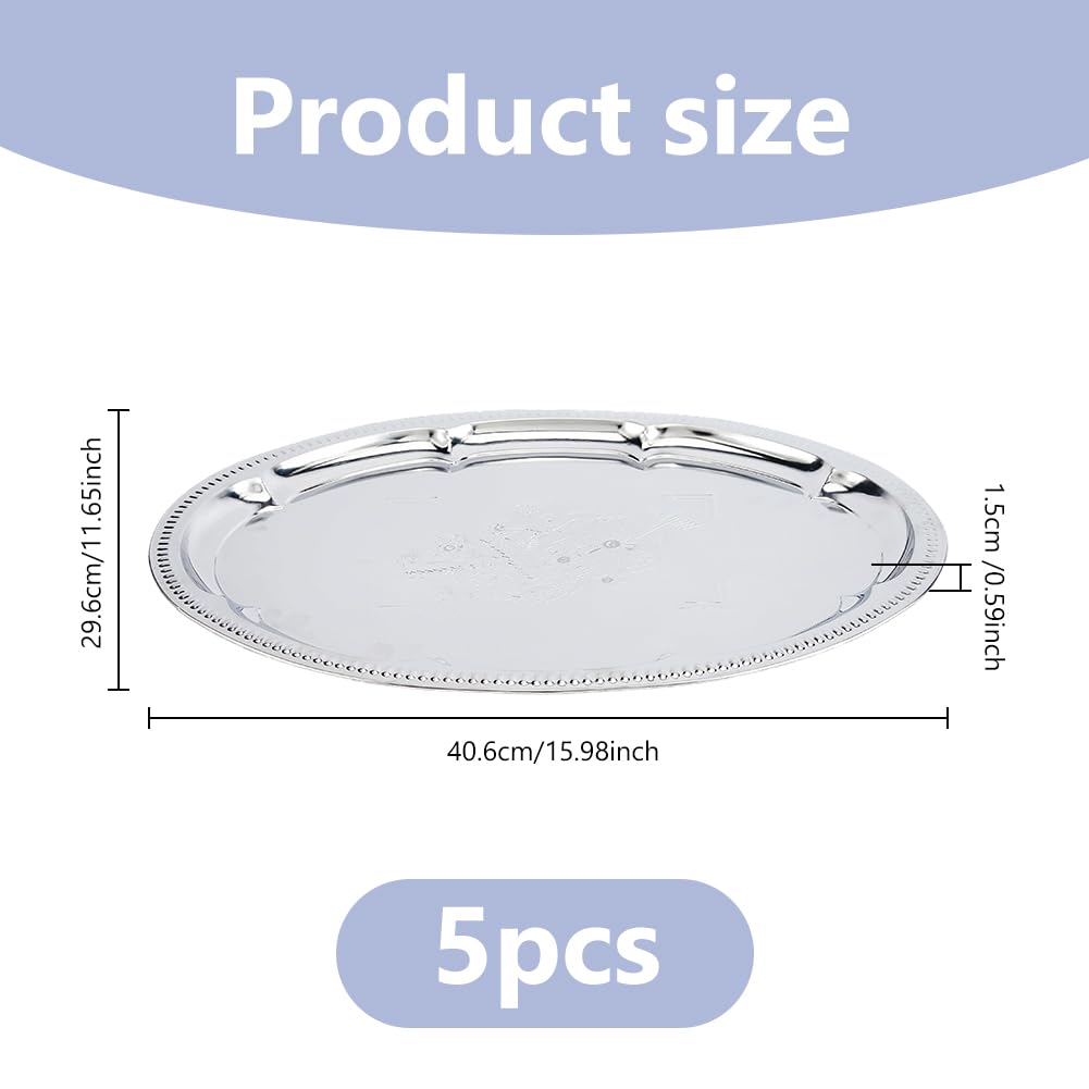 DICOSMETIC Juego de 5 bandejas grandes plateadas para servir, 40,6 x 29,6 x 1,5 cm, acero inoxidable, para barbacoa, bandejas ovaladas con grabado de flores, bandeja de metal para servir, para comida