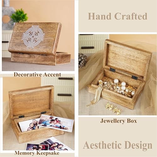 Ajuny Schmuckkästchen aus Holz – Handgefertigte Schmuckschatulle mit Keltischem Kreuz, Vintage Design, Schmuckaufbewahrung für Damen, Geschenkbox Deko Truhe – 8x5 Zoll