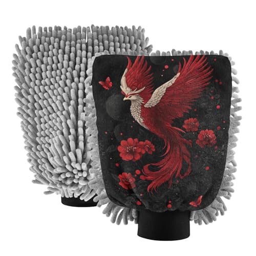 Red Phoenix Chinese Painting Style Car Wash Mitt Non Scratch Wash Mitts for Cars Washing Mitts for Auto