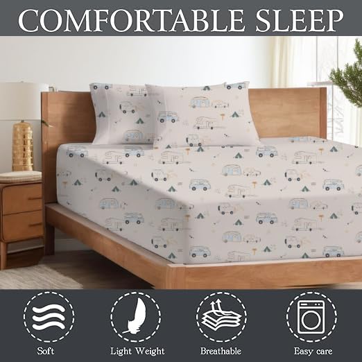 Image of Kids Camper Theme Bed Sheets Set for Single Bed| Happy Camping Bedding Set, Travel Car Rv bedsheets (Truck Camper)