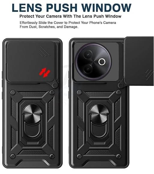 Image of SPAZY CASE Vivo Y39 Back Cover | Heavy Duty Hybrid Case with 360 Degree Rotating Finger Ring Holder + Slider Shutter Camera Protection Case for Vivo Y39 - Black