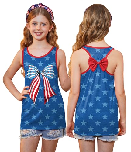 Independence Day Big Girls Star Stripe Red White Blue Sleeveless Back Bow Top Cute Comfortable Clothing 12 Years