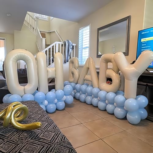 Image of 40 Inch Beige OH BABY Balloon for Baby Shower, Large Cream White Oh Baby Balloons Letters with Ribbon, Neutral Ivory Alphabet Oh Baby Balloon Banner Sign for Gender Reveal Backdrop Party Decorations