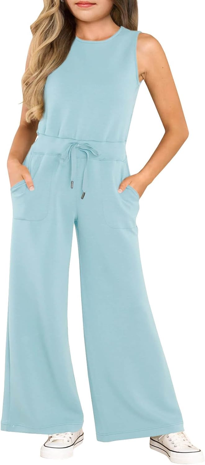 Haloumoning Girl's Jumpsuits Sleeveless Round Neck Wide Leg One Piece Rompers Little Kid Big Kids