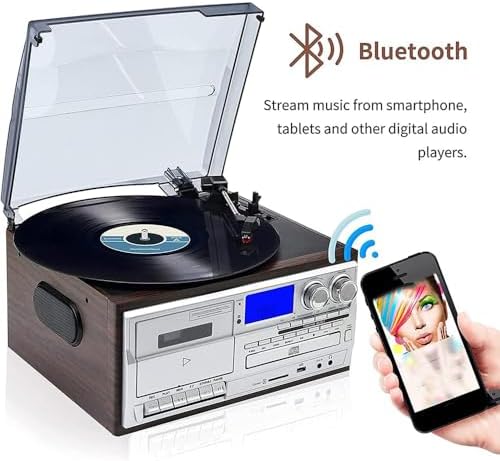 Vinyl Record Player with Built-in Speakers, Retro Bluetooth Turntable with CD/Cassette Player, Less Noise, Frosted Dust Cover