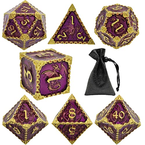 DND Dice Set D&D Metal MTG Trpg Dungeons and Dragons D20 Polyhedral Math Board Games Accessories Pathfinder Mechanical Dice Bag-Imitation Gold Purple