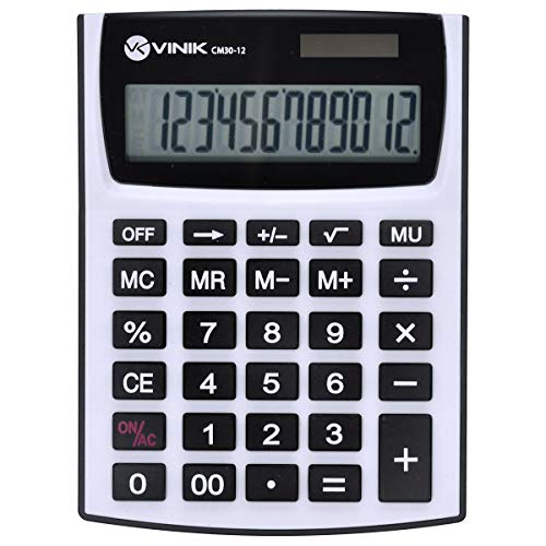 Calculadora De Mesa 12 Dígitos Com Alimentação Solar Ou A Pilha - Cm30 Branca/Cinza, VINIK, 26086