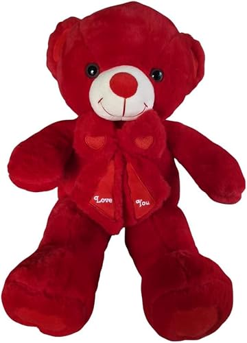 Yosi 60cm Huggable Plush Teddy Bear with Bow Tie and Embroidered Hearts, Red or Pink, Soft Stuffed Animal Toy (Red)