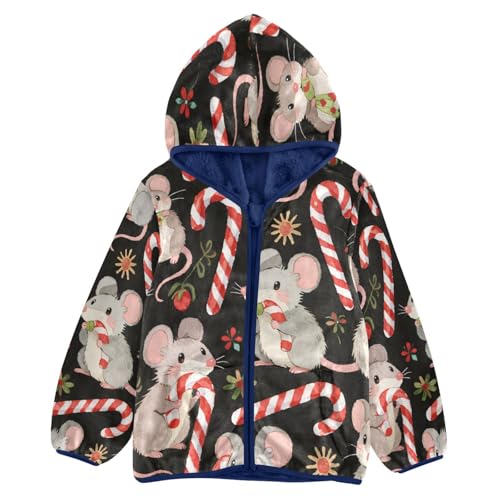 Cute Mice with Candy Canes Toddler Fleece Jacket Girl Boys Hooded Fleece Jacket Coat Warm Outwear Zip-up 3-10T