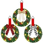 3 Pcs Lighted Christmas Wreath 15 Inch Prelit Christmas Wreath for Front Door Light up Christmas Outdoor Wreath with Large Buffalo Bow Battery Operated Xmas Wreath Holiday Decoration, 3 Styles