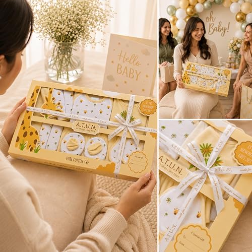 Image of A.T.U.N. (ALL THINGS UBER NICE) Premium Newborn Baby Gift Set (13 Pieces) | 100% Cotton Baby Clothing Set | 0-3 Months | Baby Shower and Welcome Gift Box
