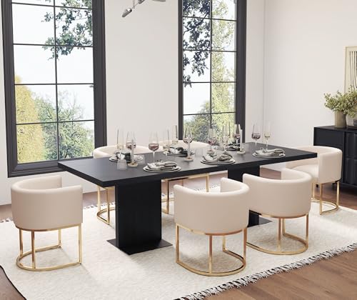 Image of HNY Mid Century Modern Upholstered Barrel Dining Chairs with Arms Set of 8, Linen Kitchen & Dining Room Chairs, 18.5 inch Wide Accent Chairs for Dining Room Living Room with Gold Metal Frame, Cream
