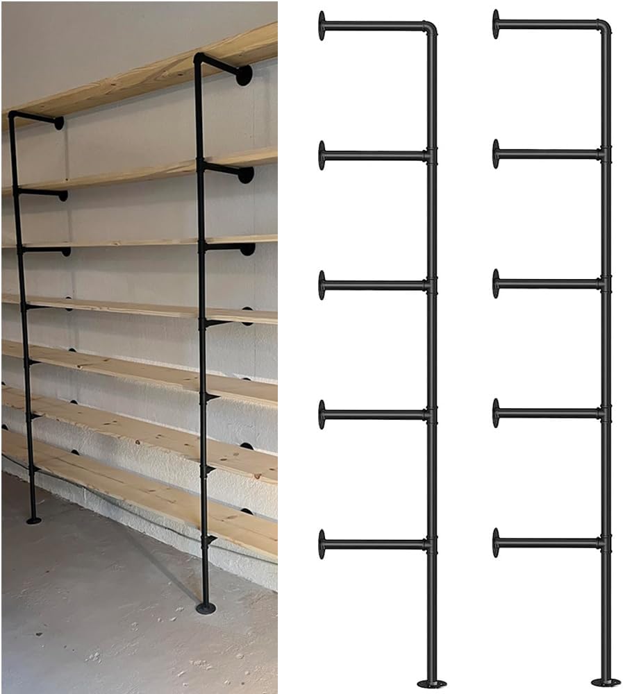 Kaler Industrial Pipe Wall Shelves - Set of 2, 5-Tier Wall Mounted Bookshelf with Vintage Retro Design and Rustic Farmhouse Appeal Black (68" H)