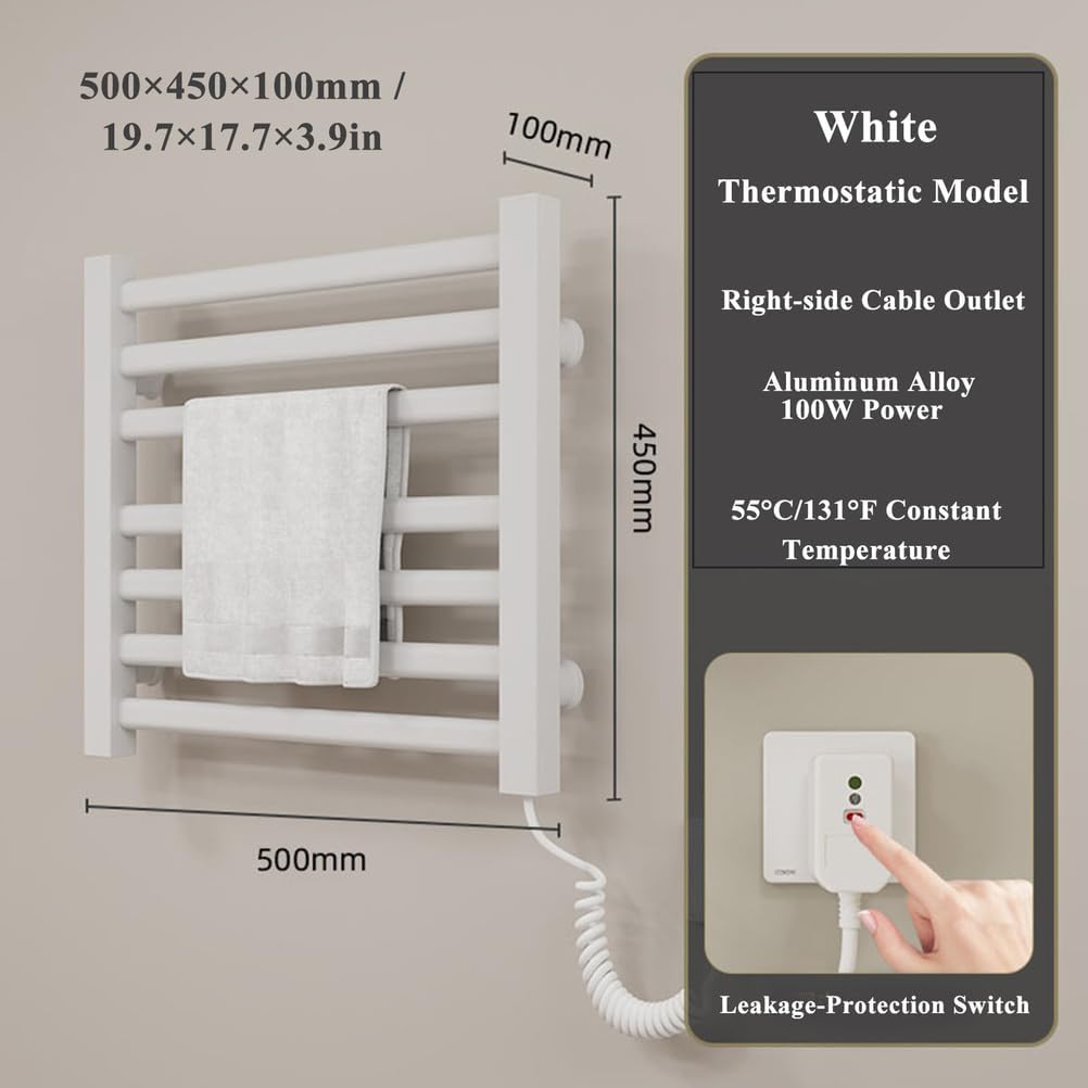 Electric Towel Warmer Rack, Wall-Mounted Heated Towel Dryer with 7 Bars & Hooks, Fast Heating for Bathroom & Home Spa, Plug-in Design, White Finish – Ideal for Hotels & Everyday Use