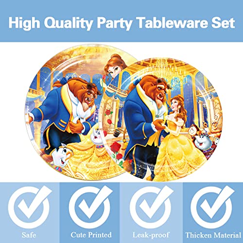 51Pcs Beauty And The Beast Party Supplies,Princess Belle Party Tableware Set,Dinner Dessert Plates Napkins Forks Tablecloth For Girls Princess Birthday Tea Party Table Decor,10 Guests #TOP6