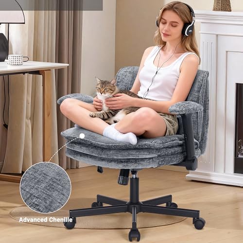 Image of Criss Cross Chair with Wheels and Flip Arms, Upholstered Cross Legged Office Chair with 3 Layer Cushions&Dynamic Airbag Lumbar Support, Wide Seat Comfy Desk Chair for Home Office, Living Room, Grey