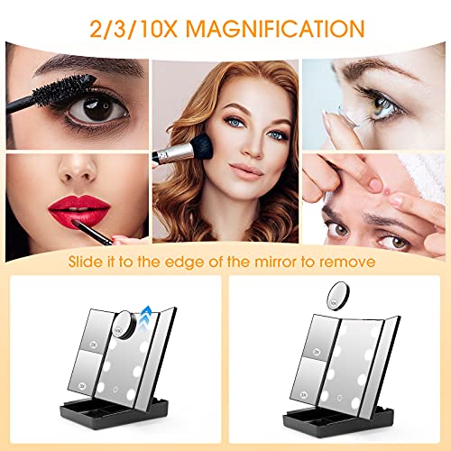 Jack & Rose Makeup Mirror Vanity Mirror with Storage Box, Trifold 8 Makeup Mirror with Lights, Touch Screen and 1x/2x/3x/10x Magnification, Dual Power Supply, LED Lights Make Up Mirror