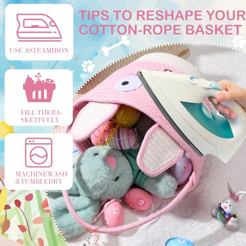 Image of Zopeal 2 Pcs Pink Easter Baskets Woven Rope Bunny Gifts Basket with Ears Large Empty Egg Storage Basket for Easter Party, 9.8 x 7.8 x 7.8 Inch