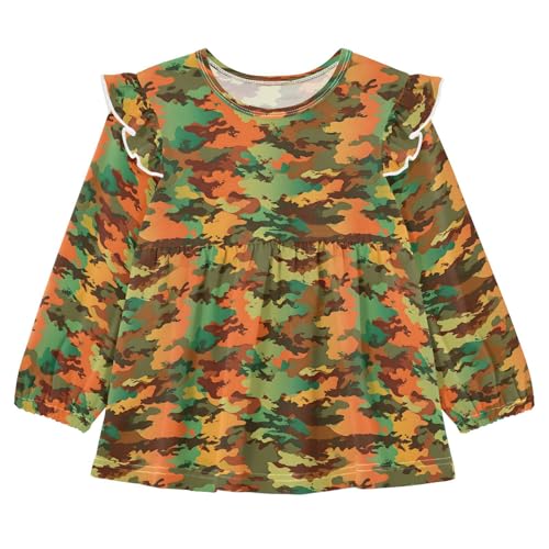 Brown Green Camouflage Girls Shirts Cotton Long Sleeve Ruffle Toddler Tee Tops