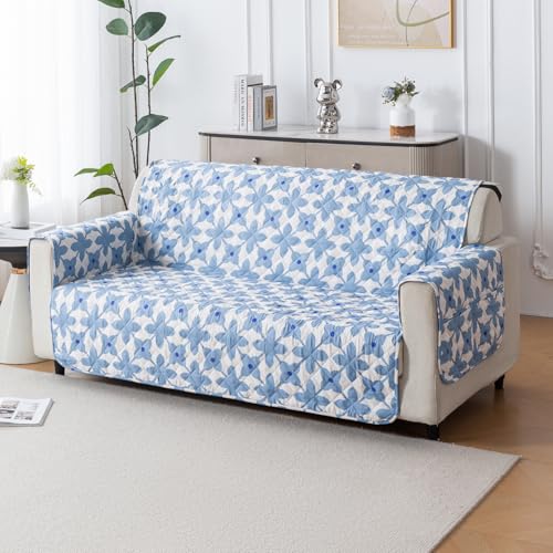 Image of House of Quirk 'Mughal Series' Anti-Slip Sofa Cover Mat with Pocket | Polyester Couch Protector for Pets, Kids & Spills (Indigo Motif, 180x210cm, Four Seater)