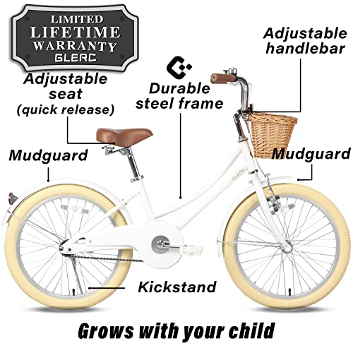 Glerc 20 Inch Kids Girls Bike For 6 7 8 9 10 Years Old Little Girls Retro Vintage Style Bicycles With Basket, Kickstand, Fenders And Bell, White #TOP1