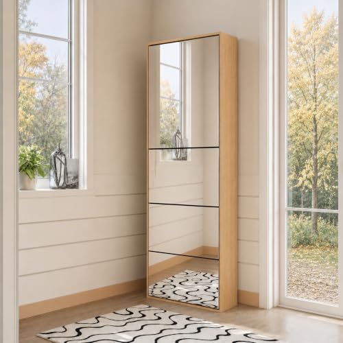 Yechen Mirror Shoe Cabinet with 3 Flip Drawers& Storage Cabinet