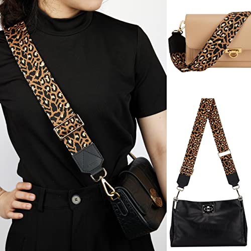Image of BAKKO Purse Strap Replacement Top Grain Genuine Leather Ends Gold Metal Hardware 2 inch Wide Shoulder Strap for Crossbody Bags Handbags Messenger Duffel Bags Adjustable Length from 35 inch to 58 inch - Leopard