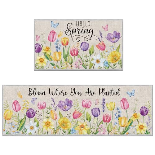 �X�v�����O�L�b�`�����O�Z�b�g�A2�_ Bloom Where You are Planted&Hello Spring Runner���O�ƃt���A�}�b�g�A���ʃ`���[���b�v�t���[�����o�^�t���C�f�U�C���V���N���֗p(40.6 cm x 71.1 cm & 40.6