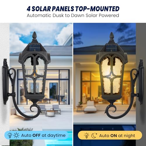 Jafinou 17" Solar Porch Light Outdoor, Dusk to Dawn Remote Control Wall Sconce, Black Aluminum Seeded Glass Waterproof Exterior Light for House Garage Patio by Jafinou - Used condition - Image 2
