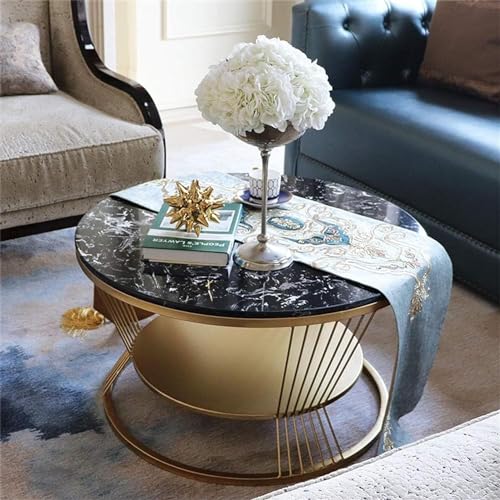 Image of Furniture Cafe Modern Round Coffee Table with Black Marble Look Top & Gold Metal Frame | 2 Tier Center Table with Storage Shelf | Luxury Accent Sofa Tea Table for Living Room, Bedroom, Balcony &Office