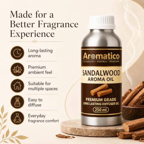 Image of AROMATICO Sandalwood Diffuser Oil with Strong, Long-Lasting Aroma for Homes, Offices & Showrooms. Aromatherapy, Diffusers, Air Purifiers, Vaporizers - 250 ml