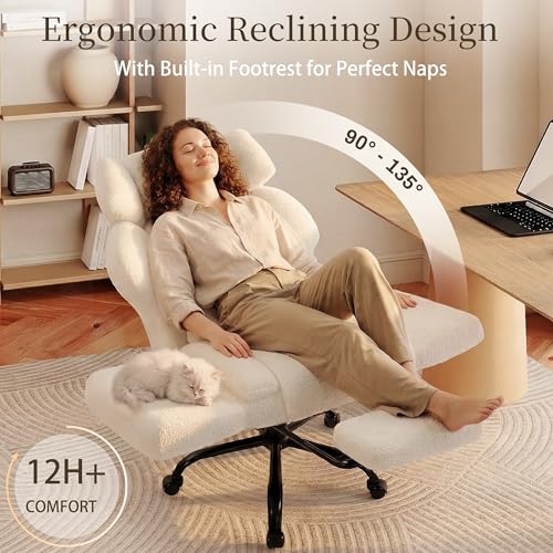 Image of Office Chair with Flip Armrests,Big and Tall Office Chair with Foot Rest,Extra Wide Seat & Lumbar Pillow,Ergonomic Computer Gaming Chair,Comfy Criss Cross Chair for Pets Sitting,Teddy Fleece,White